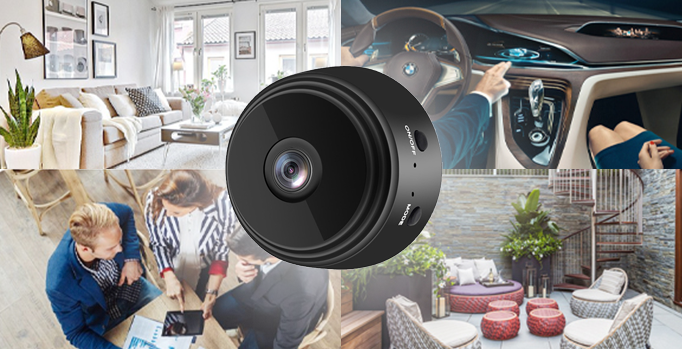 Close-up of the CamTrix mini magnetic security camera showcasing its sleek design.